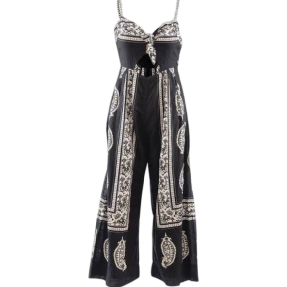 Free People Feel the Sun Black Bandana Paisley Cutout Cropped Jumpsuit Linen - Picture 4 of 14
